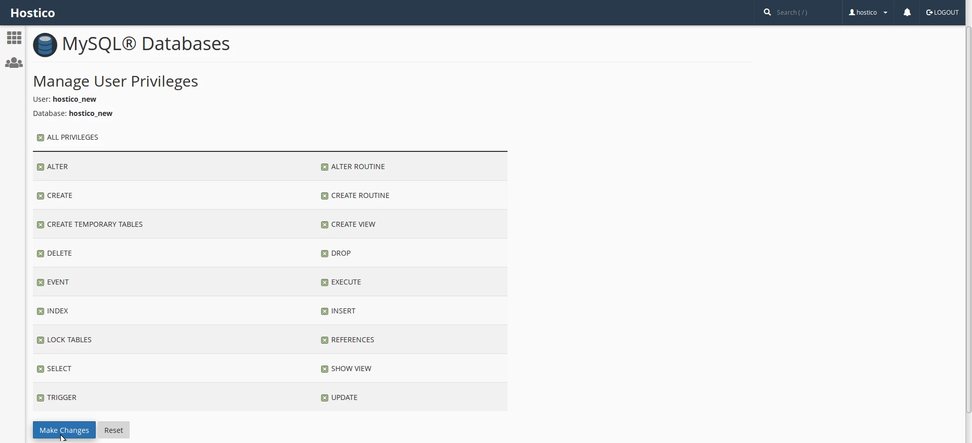 Adatbázis jogosultságok cPanel